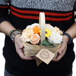 Bouquet of Soap Flowers in a Wicker Basket - Pink