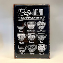 Plåtskylt: Kaffe (Olika sorter och deras innehåll)