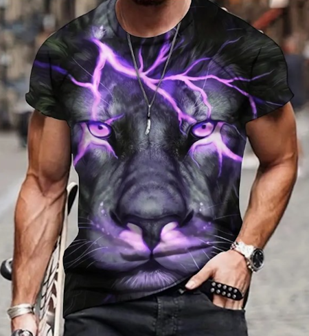 T-shirt tiger med blixtar. Lila/svart.