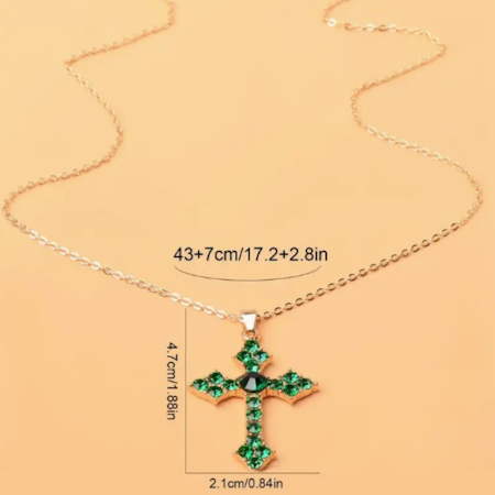Halsband kors guldfärg o grönstrass