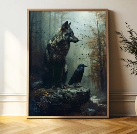 Tavla varg o korp inramad