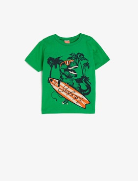 Short Sleeve Crew Neck Dinosaur Printed T-Shirt - Green