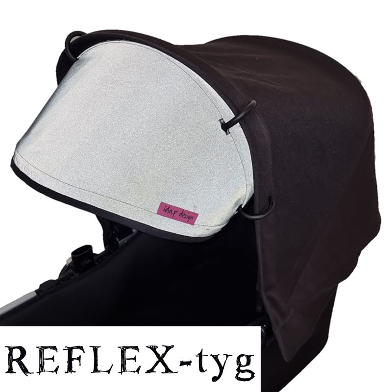 Solskydd till barnvagn i mörkgrått reflextyg