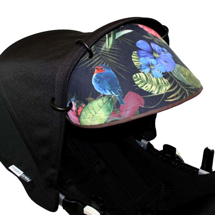 Solskydd barnvagn svart med fåglar och fjäril