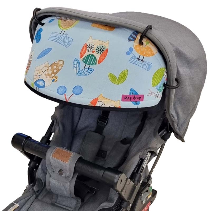 Solskydd barnvagn blå tyg med ugglor
