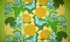 Bomullstyg Grönt med gula blommor och fåglar 70-tals retro