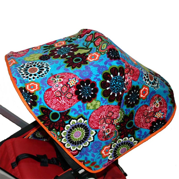 Tyg turkos plysch med blommor & hjärtan Solskydd barnvagn