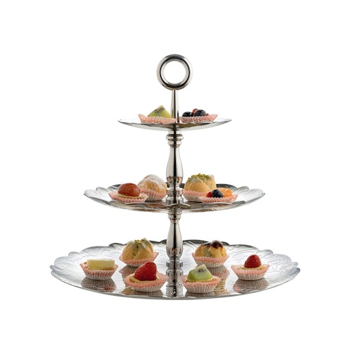 Three-dish cake stand in 18/10 stainless steel with relief decoration .