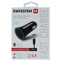 SWISSTEN 12V Snabb laddare USB-C x 2 + USB-C Kabel 1,2m