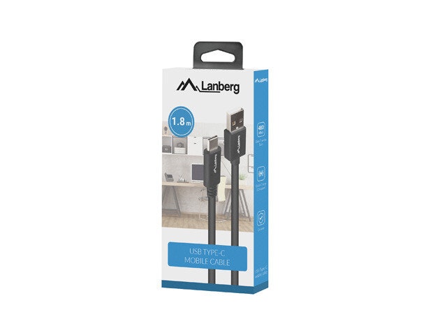 undefinedUSB-C(M)->USB-A(M) 2.0 KABEL 1.8M SVART LÅDA QC 3.0 LANBERGundefined