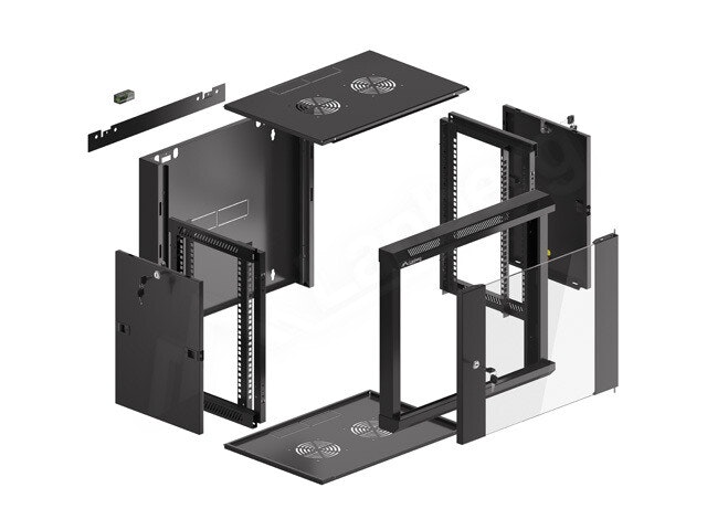 RACKSKÅP 19" VÄGGMONTERAT 9U/450 MED GLASDÖRR SVART LANBERG (MONTERAD)