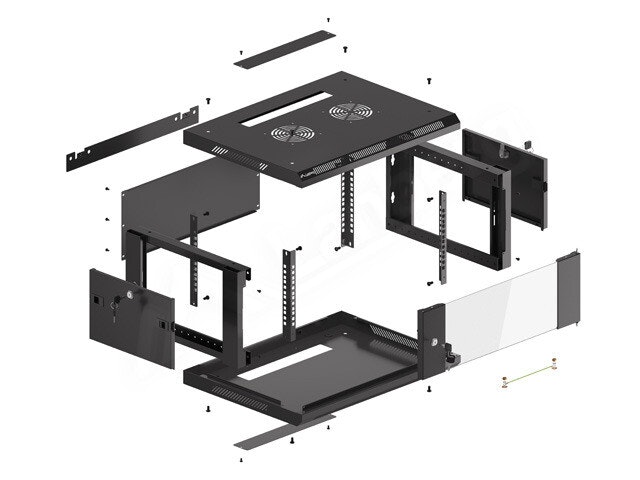 RACKSKÅP 19" VÄGGMONTERAT 4U/600X450 (FLAT PACK) MED GLASDÖRR SVART LANBERG V2