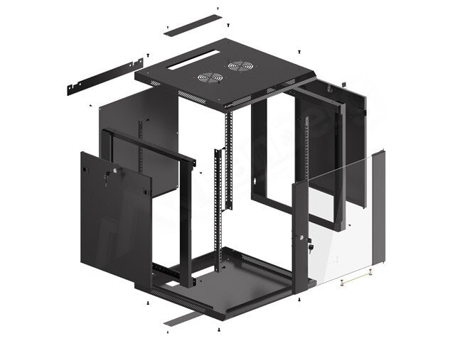 RACKSKÅP 19" VÄGGMONTERAT 12U/600X600 (FLAT PACK) MED GLASDÖRR SVART LANBERG V2