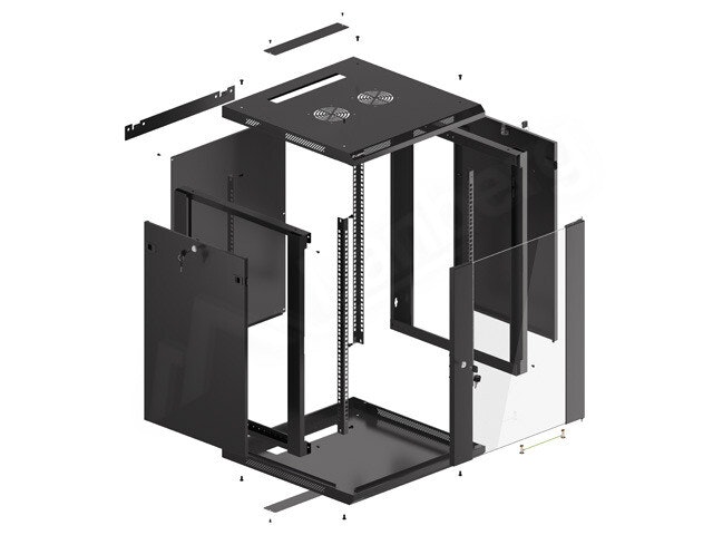 RACKSKÅP 19" VÄGGMONTERAT 15U/600X600 (FLAT PACK) MED GLASDÖRR SVART LANBERG V2
