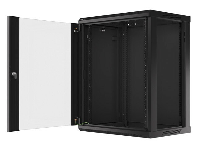 RACKSKÅP 19" VÄGGMONTERAT 15U/600X450 (FLAT PACK) MED GLASDÖRR SVART LANBERG V2