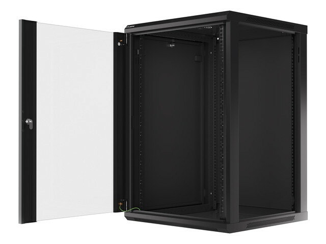 RACKSKÅP 19" VÄGGMONTERAT 18U/600X600 (FLAT PACK) MED GLASDÖRR SVART LANBERG V2