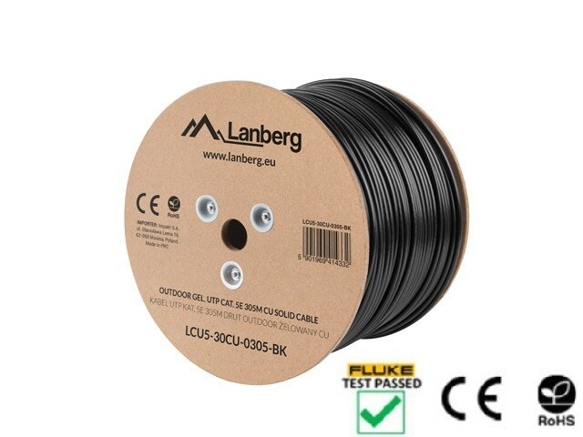 LAN-KABEL CAT.5E UTP 305M SOLID UTOMHUS GEL-FYLLD CU SVART FLUKE PASSERADE LANBERG
