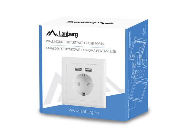 VÄGGUTTAG 230V MED 2 USB-PORTAR 2.1A, SCHUKO UTTAG VIT LANBERG