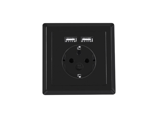 VÄGGUTTAG 230V MED 2 USB-PORTAR 2.1A, SCHUKO UTTAG SVART LANBERG