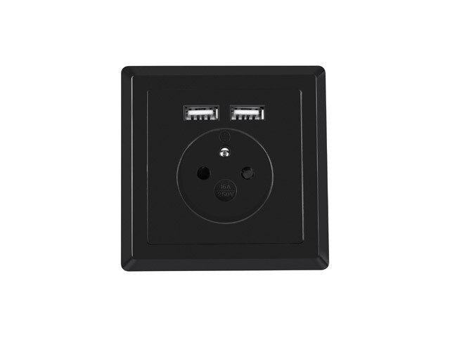 VÄGGUTTAG 230V MED 2 USB-PORTAR 2.1A, FRANSKT UTTAG SVART LANBERG