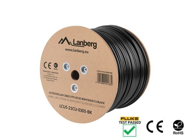 LAN-KABEL CAT.5E UTP 305M SOLID UTOMHUS CU SVART FLUKE PASSED LANBERG
