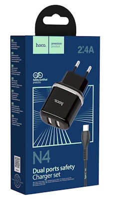 HOCO N4 Laddare dual USB 2.4 Output med Micro USB-Kabel Svart