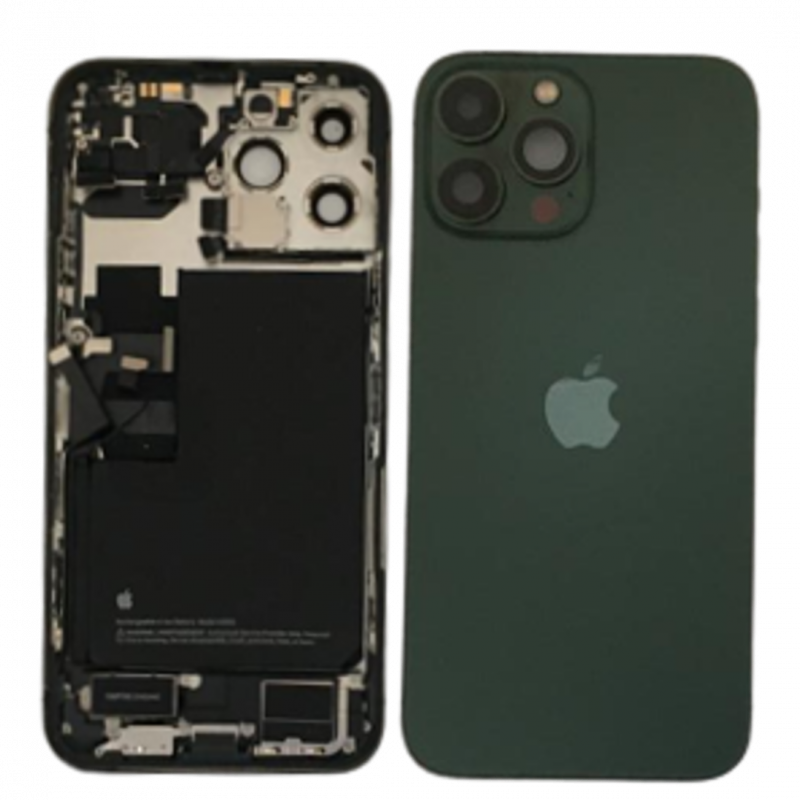 iPhone 13 Pro Max baksida grön med batteri laddkontakt och små delar