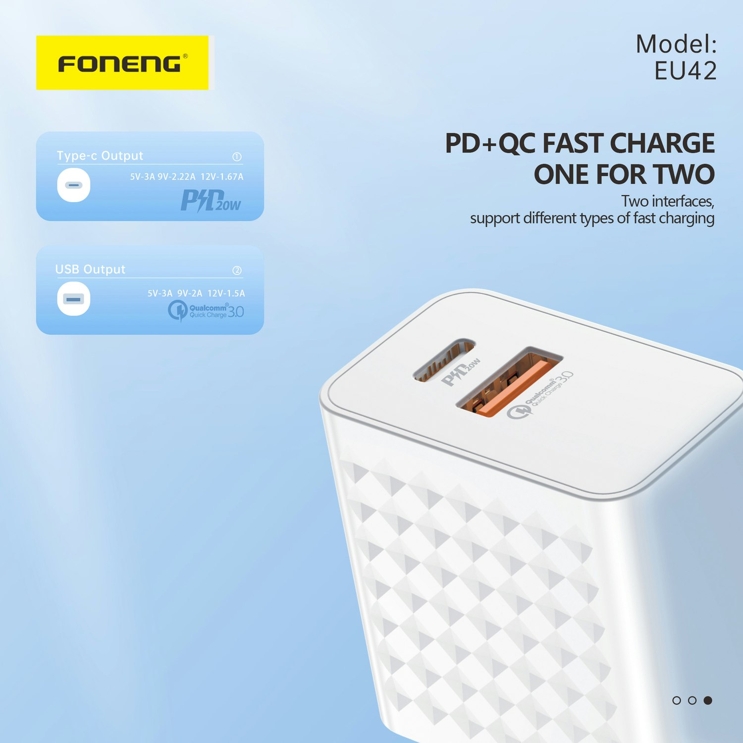 Foneng Wall charger EU42 GaN - USB + Type C - PD 20W 3A white