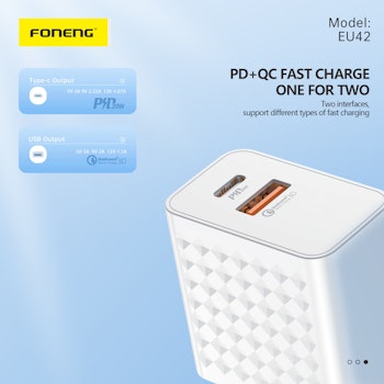 Foneng Wall charger EU42 GaN - USB + Type C - PD 20W 3A white