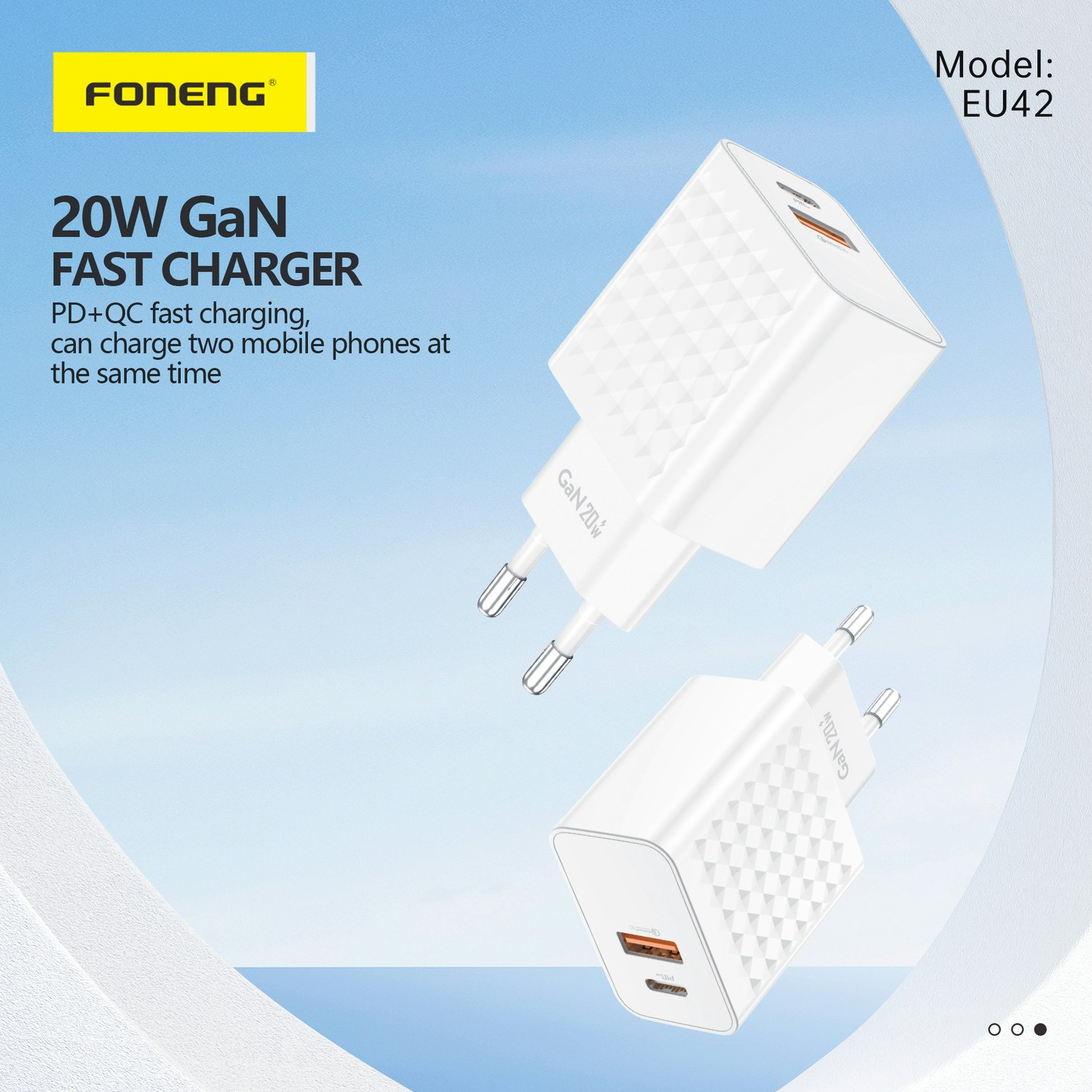 Foneng Wall charger EU42 GaN - USB + Type C - PD 20W 3A white