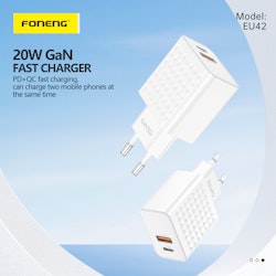 Foneng Wall charger EU42 GaN - USB + Type C - PD 20W 3A white