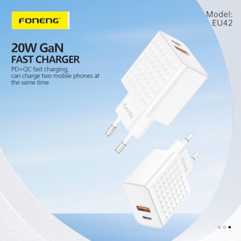 Foneng Wall charger EU42 GaN - USB + Type C - PD 20W 3A white
