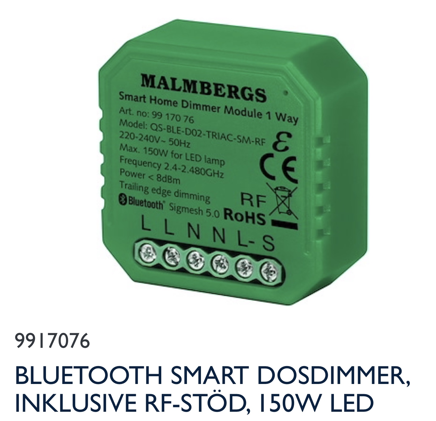 Malmbergs Dim-01 trådlös dimmer med 1 utgång, kan styras med trådlös knapp