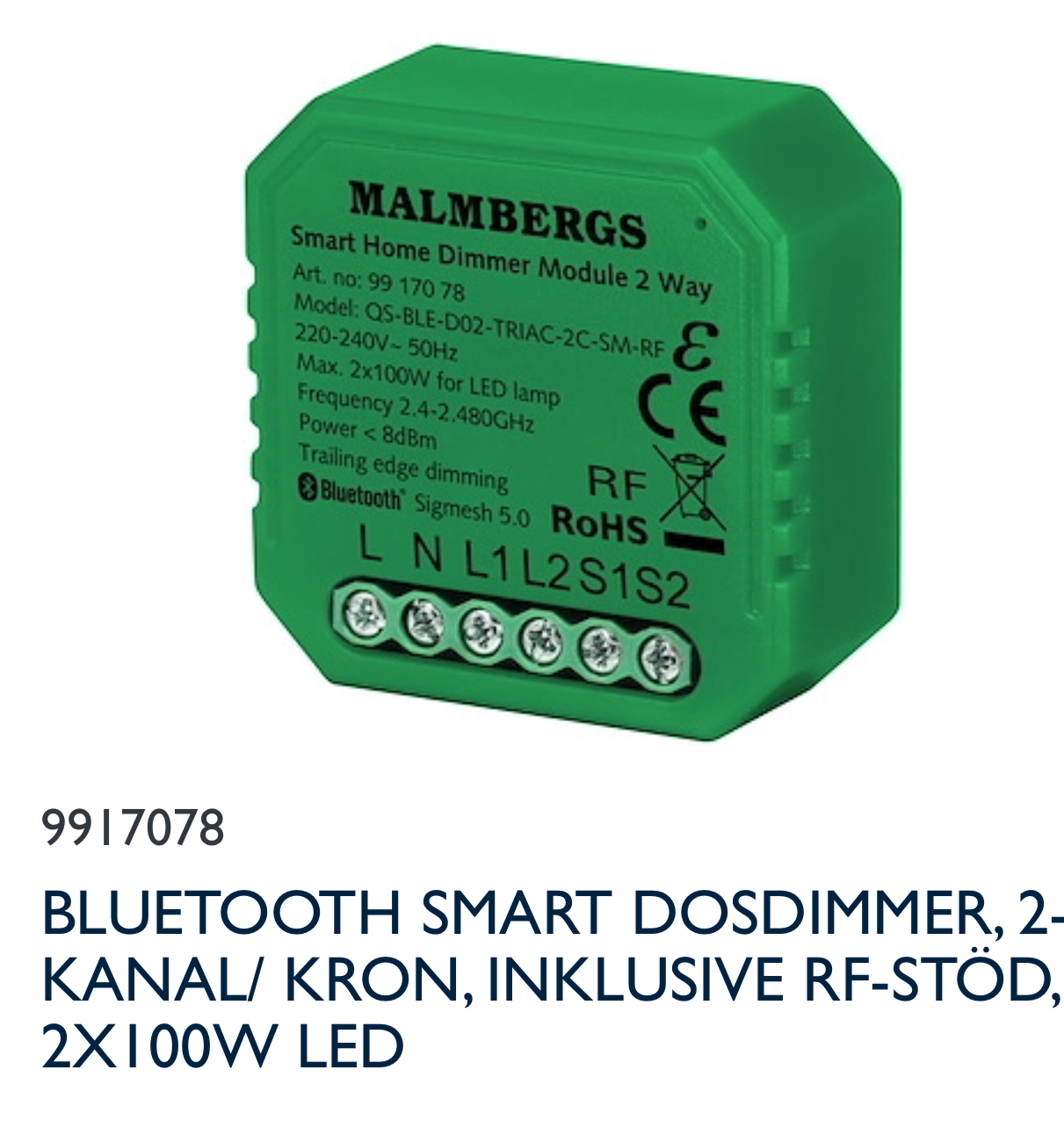 Malmbergs Dim-02 trådlös dimmer med 2 utgång, kan styras med trådlös knapp