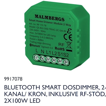 Malmbergs Dim-02 trådlös dimmer med 2 utgång, kan styras med trådlös knapp