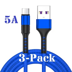 3-pack -3m - USB-C 5A "BLÅ" / kabel / laddsladd / snabbladdning