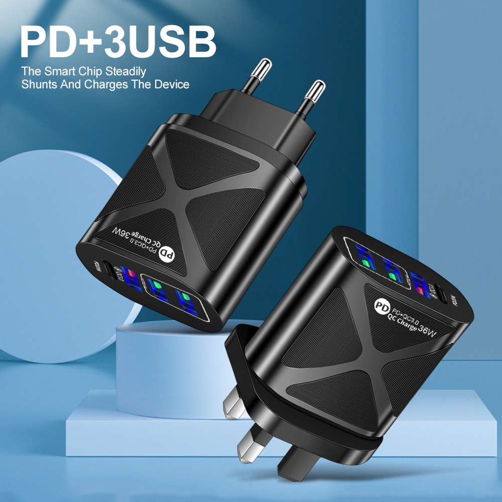 Snabbladdare USB-C & 3xUSB-A, PD & Q.C 3.0, 36W