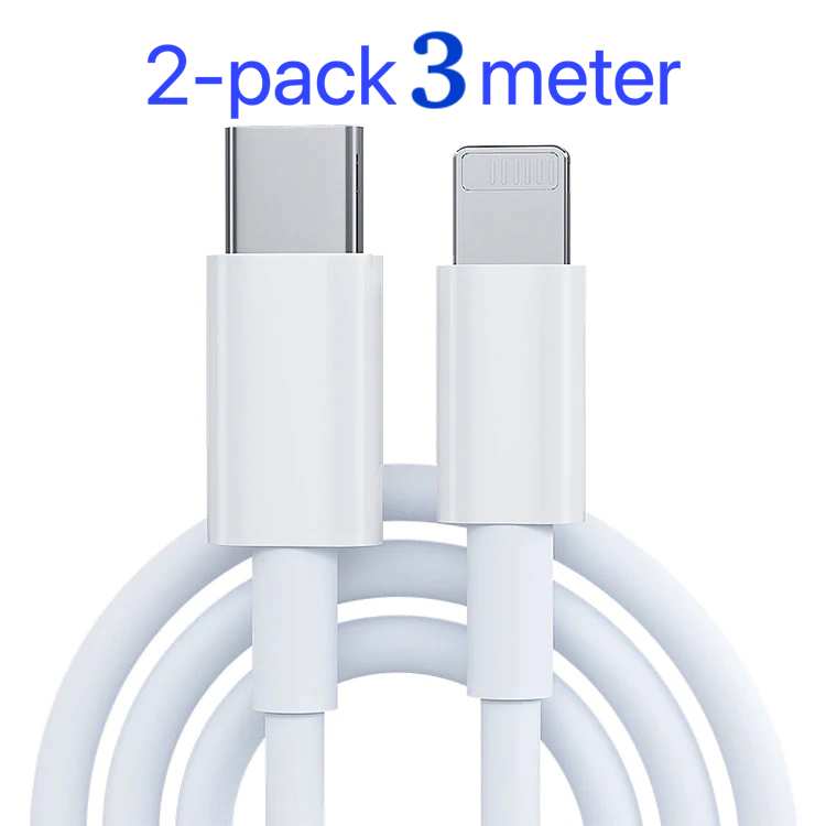 2-Pack Laddare för iPhone - USB-C - Kabel / Sladd - 20W - 3m - Snabbladdare  Vit - SNABBA LEVERANSER. FRAKTFRITT - Laddsladdar - Fluffiga strumpor