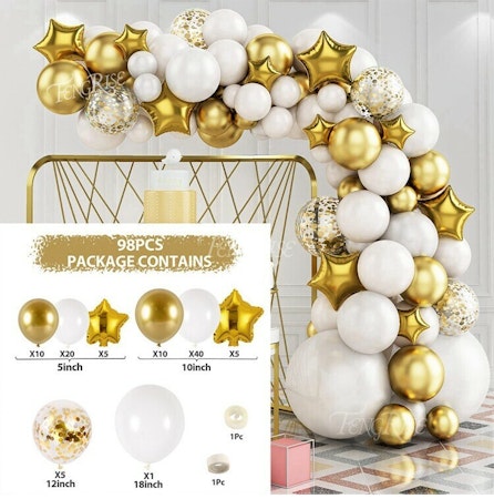 Ballongbåge - Ballongset Vitt&Guld DBS-10 98 delar