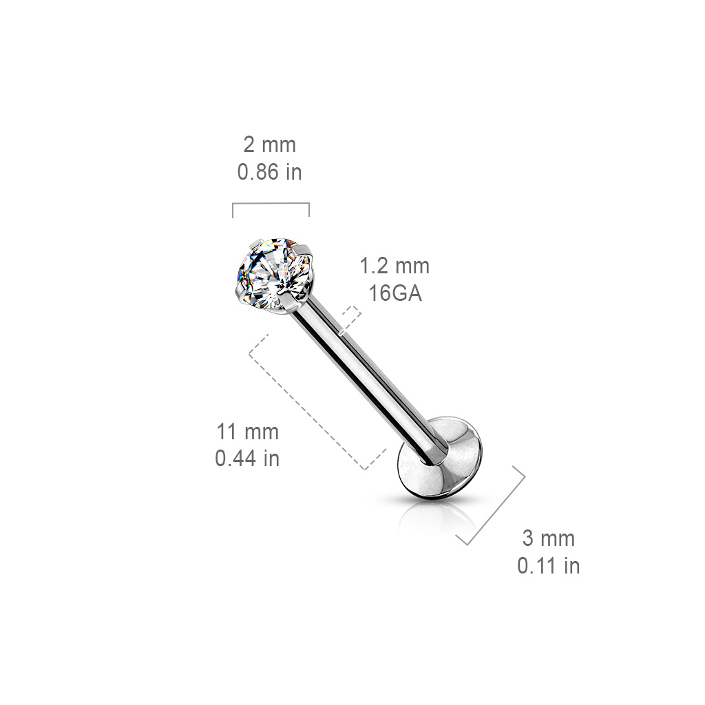 Threadless labret i 316L kirurgiskt stål 1.0mm med push-pin prong-set CZ