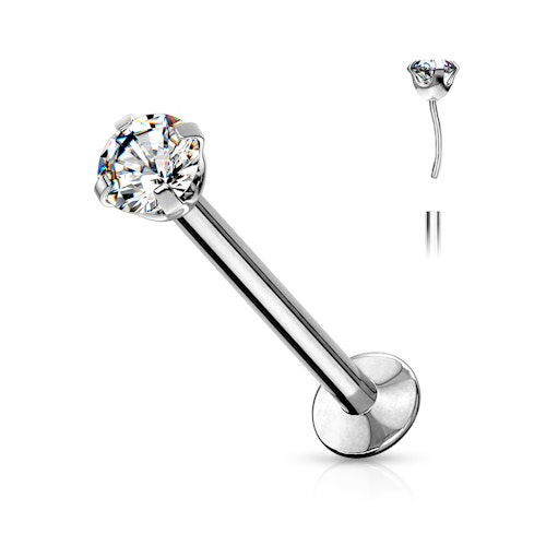 Threadless labret i 316L kirurgiskt stål 1.2mm med push-pin prong-set CZ