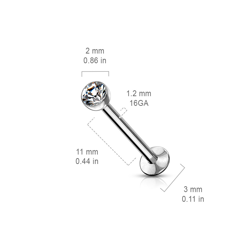 Threadless labret i 316L kirurgiskt stål 1.2mm med push-pin crystalkula