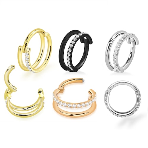 Titanium clicker ring 1.6mm / 12mm dubbel hoop med cubic zirconia på ena ringens ytterkant
