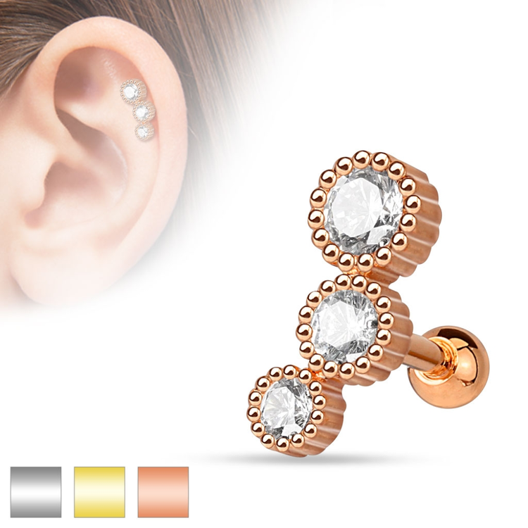 Tragus / helix barbell med 3 CZ crystals