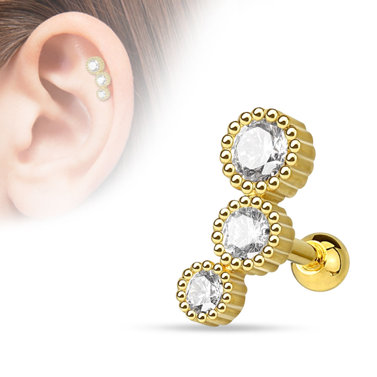 Tragus / helix barbell med 3 CZ crystals