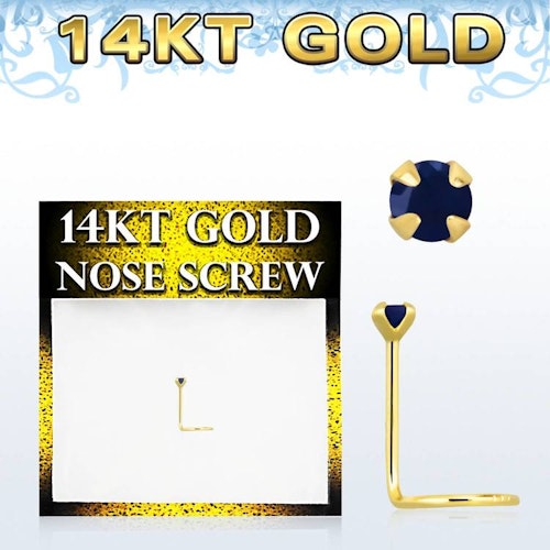 Nässmycke "nose screw" 0.6mm i 14 karat guld med blå safir