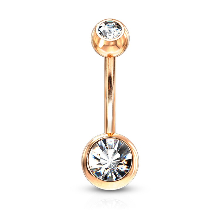 Navelsmycke 1.6mm roséguld PVD-pläterad kirurgiskt stål med 5 och 8mm crystalkulor