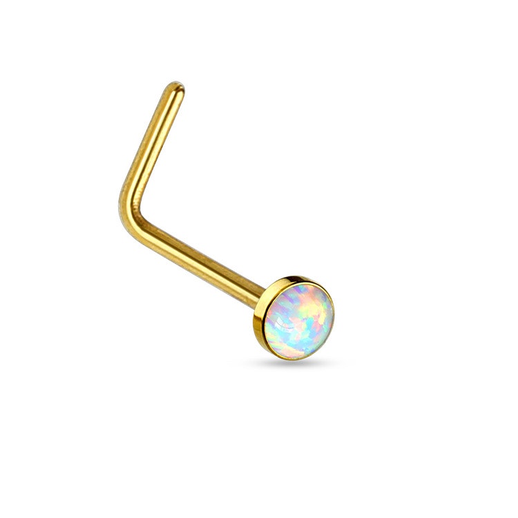 PVD-Pläterad Näspiercing "L-böjd" 0.8mm med 2.5mm vit opal