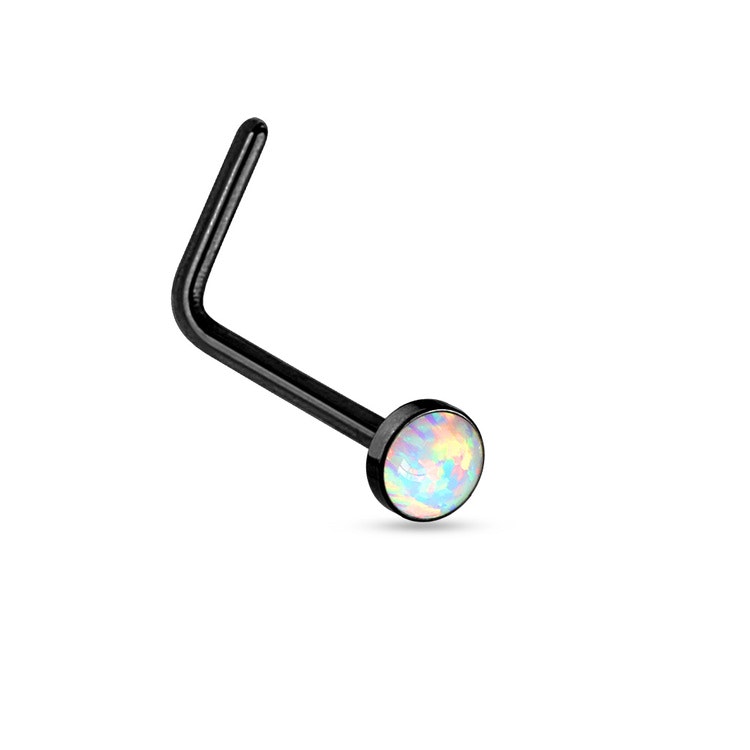 PVD-Pläterad Näspiercing "L-böjd" 0.8mm med 2.5mm vit opal