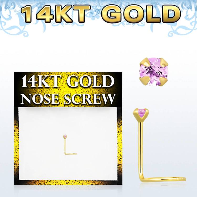Nässmycke "nose screw" 0.6mm i 14 karat guld med rosa sten
